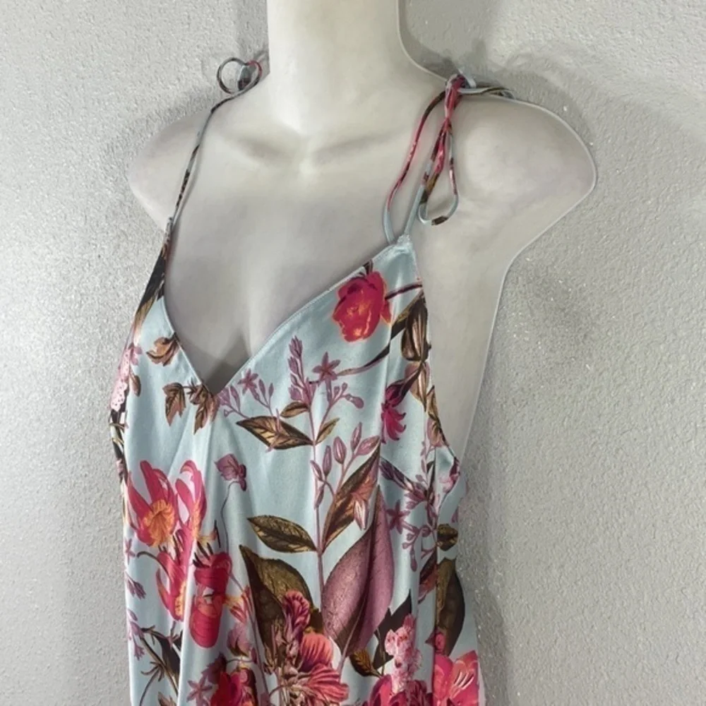 Victoria’s Secret Blue Tropical Floral Tie Shoulder Strap Satin Midi Dress XL - Picture 5 of 12